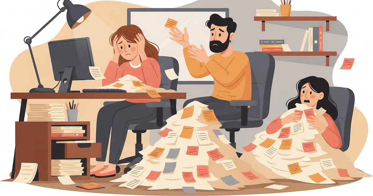 Overwhelmed team surrounded by an avalanche of floating request slips piling up around them