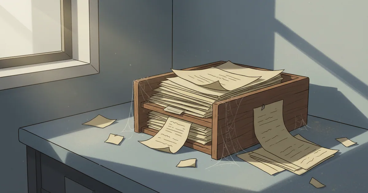 Dusty neglected inbox overflowing with aged yellowed documents in an empty office corner