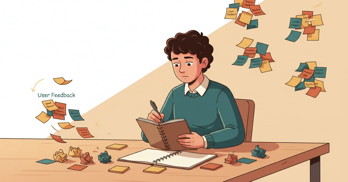 Product manager at a desk reviewing feedback notes while patterns emerge from scattered sticky notes