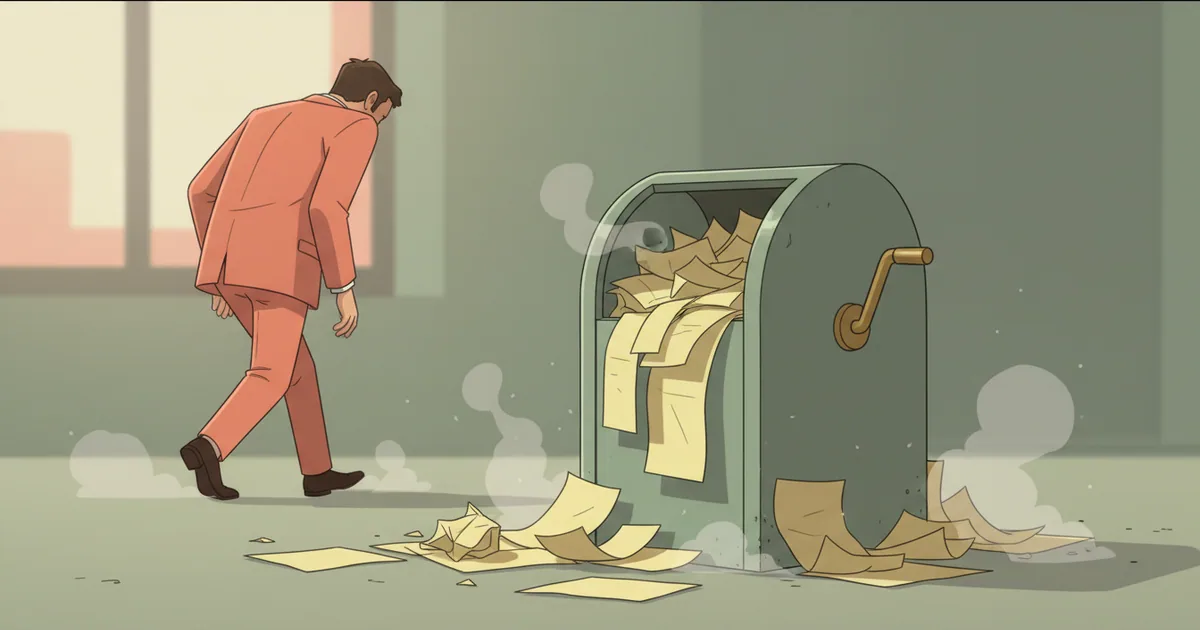 Neglected suggestion box overflowing with unread papers while a client walks away disappointed