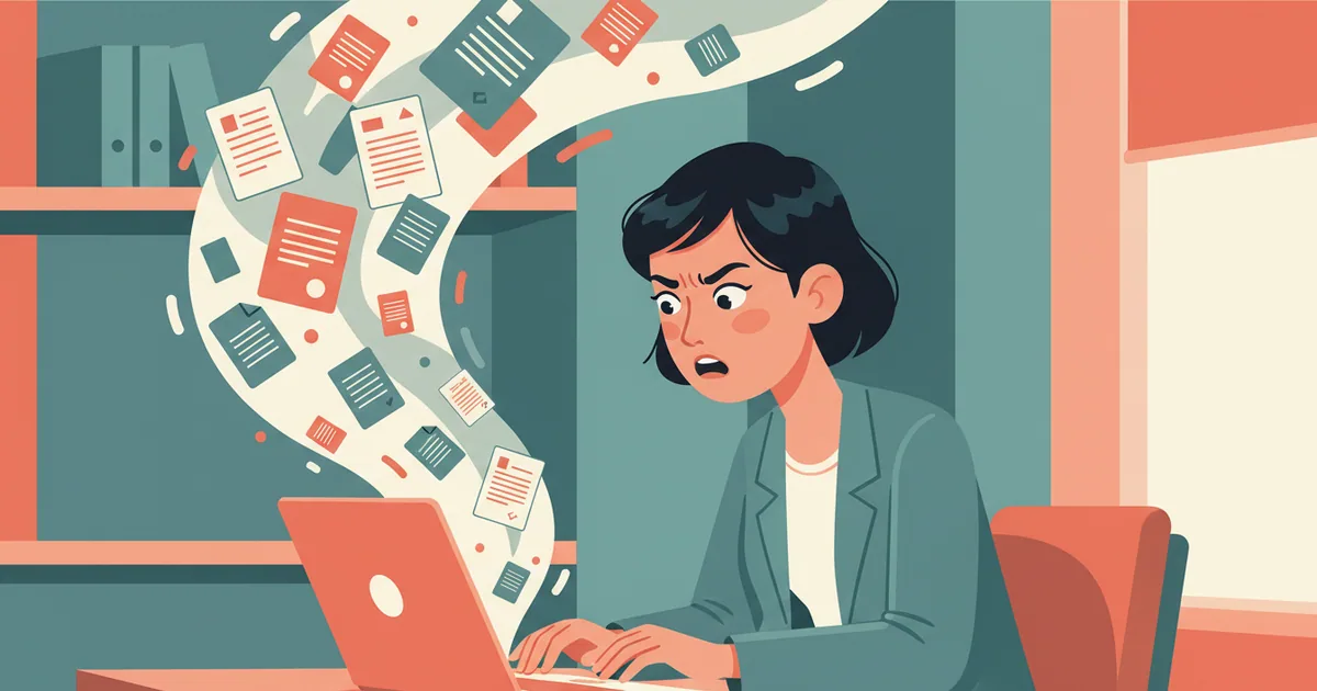 Person at laptop confused by search results showing government forms instead of software