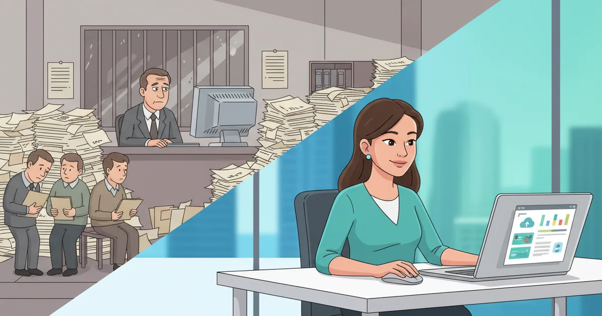 Split scene showing government office paperwork on one side and modern software interface on other