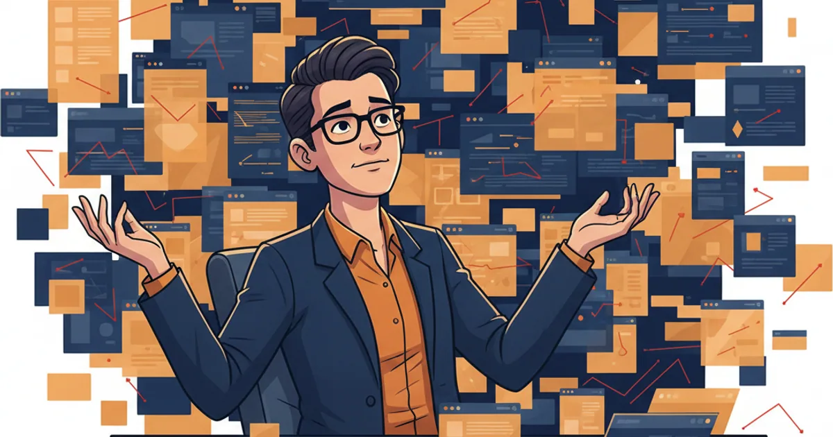 Overwhelmed person juggling too many floating app windows and browser tabs