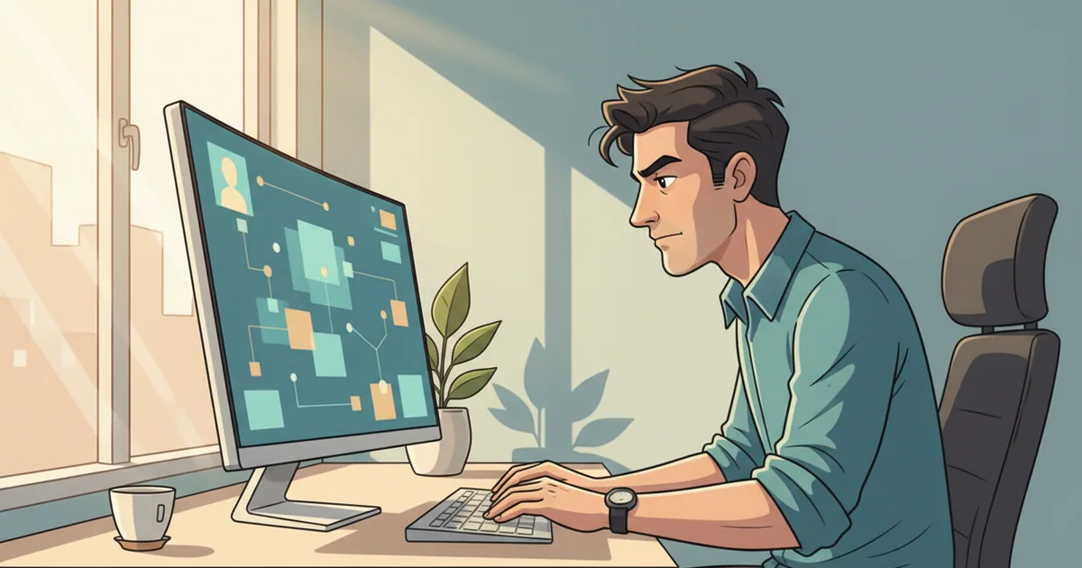 Developer working intently at a clean desk with a focused expression, minimal workspace with soft morning light