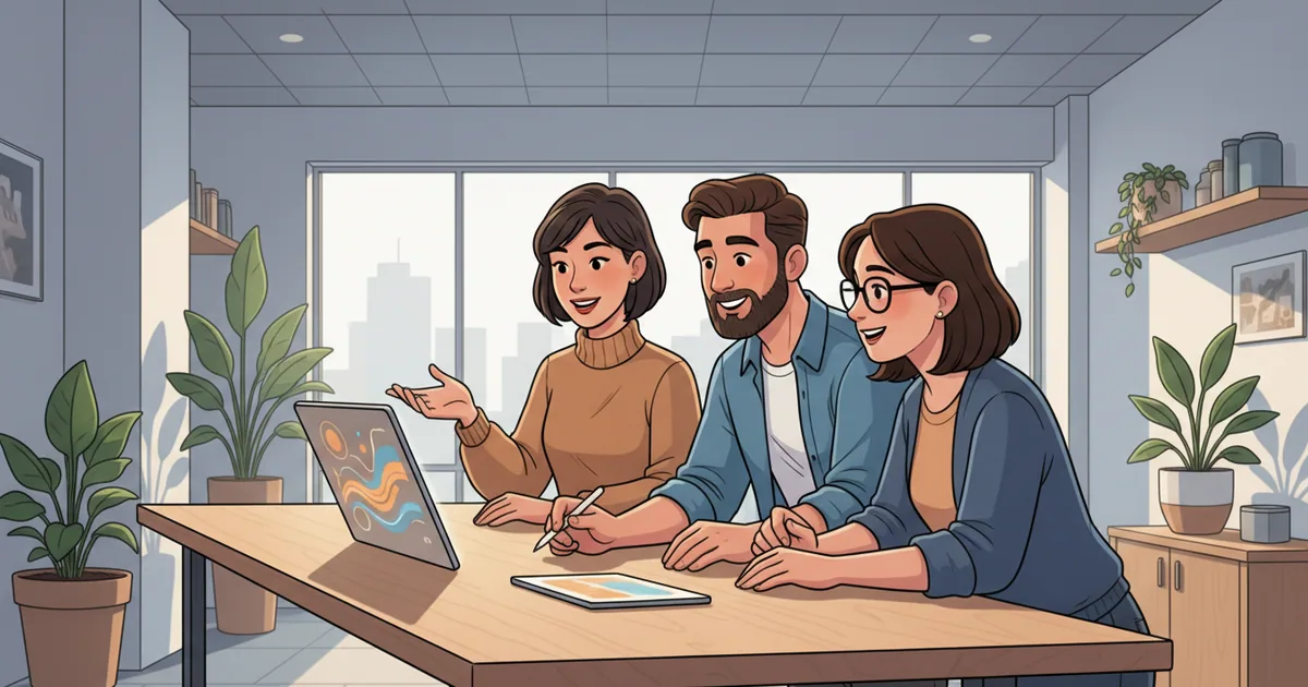 Small product team gathered around a standing desk, one person gesturing at a screen while others lean in attentively