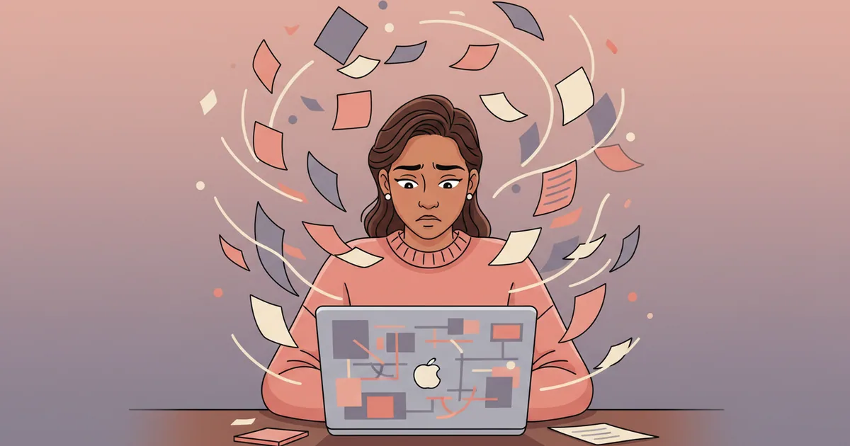 Person at desk looking overwhelmed, surrounded by floating sticky notes and scattered papers in disarray