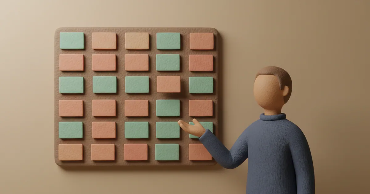 Clay figure of a product manager reviewing a simplified board with organized task cards