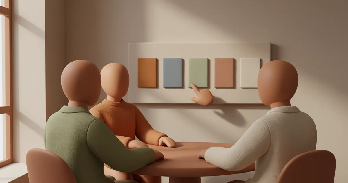 Clay figures in a meeting room discussing a curated dashboard with limited focused items
