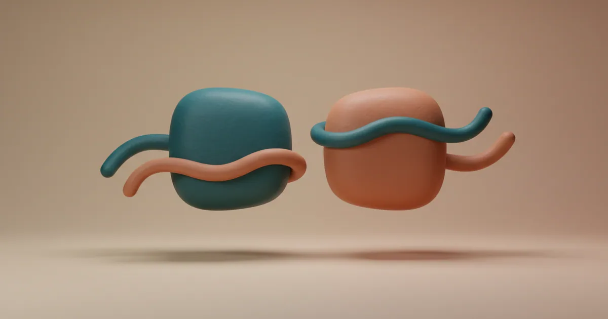 Clay-rendered software systems connected by flowing data streams in warm editorial lighting