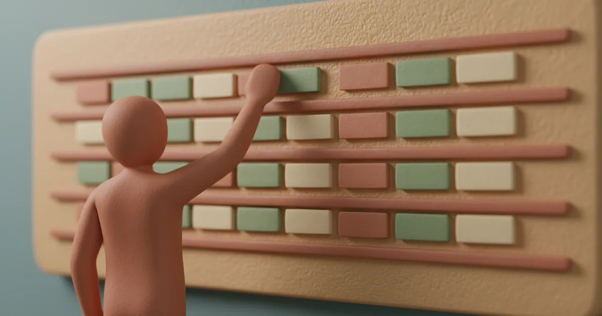 Clay-rendered product manager arranging colorful roadmap cards on a large wall board