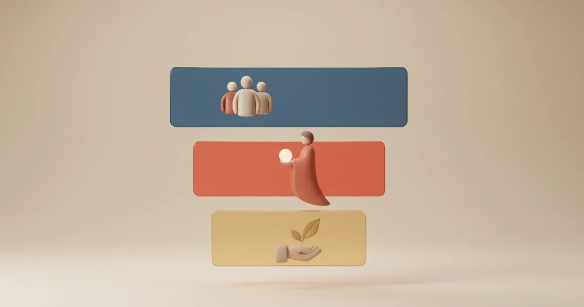 Clay-rendered layered diagram showing themes, initiatives, and features as stacked translucent panels