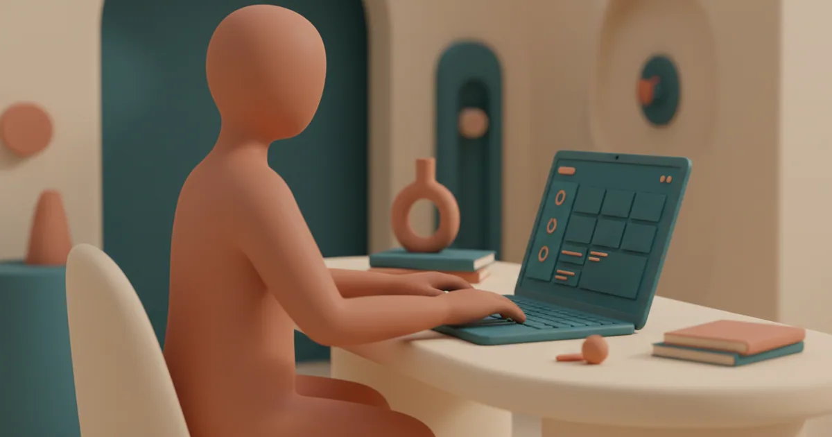 Clay-rendered customer service desk with a person accessing a glowing portal screen on their laptop