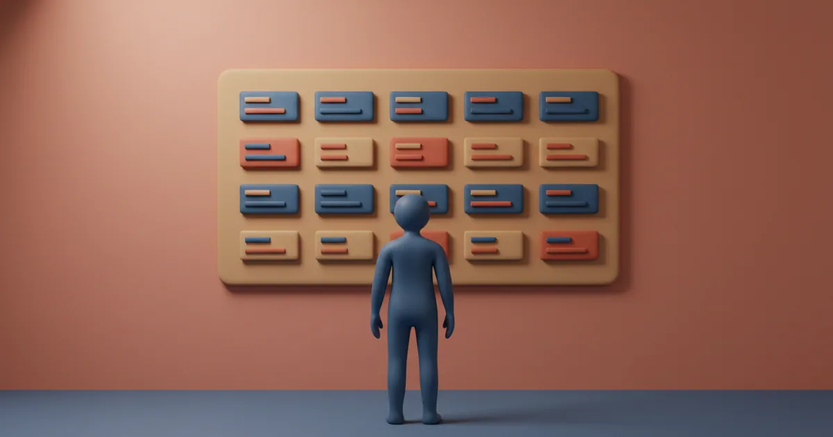 Clay figure of a product manager reviewing organized feedback cards on a wall board