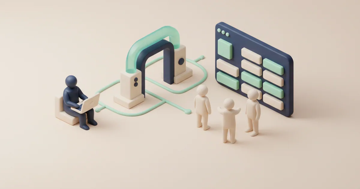 Isometric clay diagram showing portal workflow from user login to team dashboard