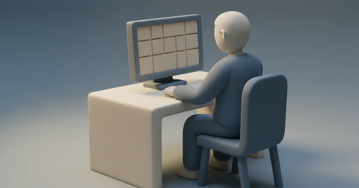 Clay-rendered software engineer focused on a streamlined interface at a minimal desk