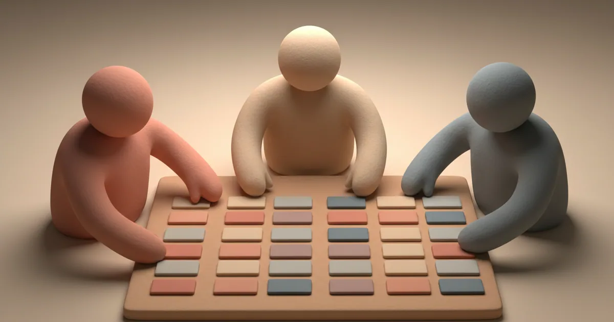 Clay-rendered team members organizing workflow cards on a shared board