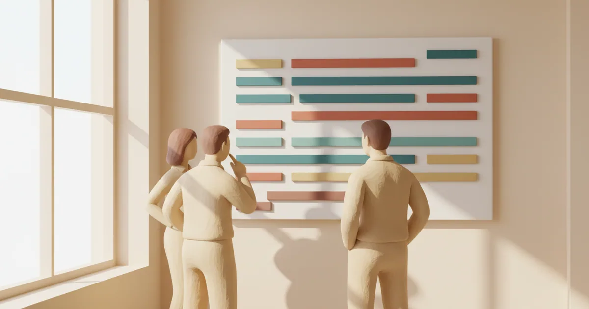 Clay-rendered product team gathered around a large visual roadmap board in a modern workspace