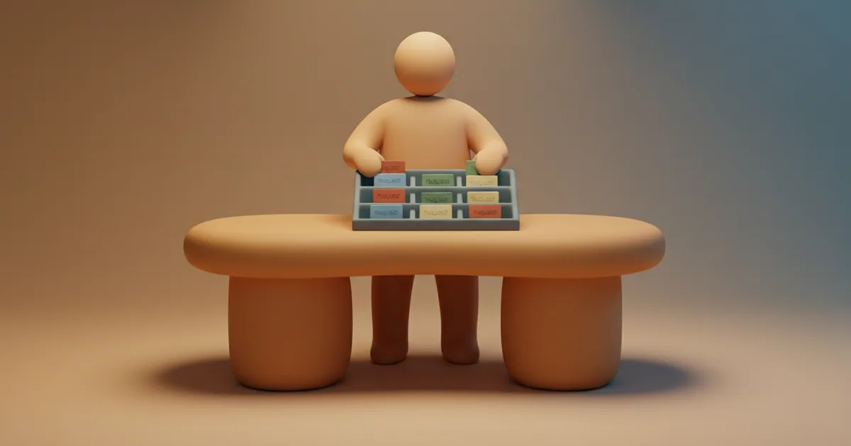 Clay-rendered person organizing colorful feedback cards into a single organized inbox system