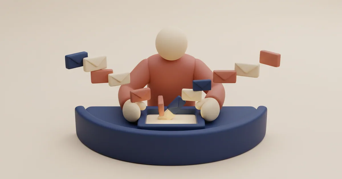 Clay-rendered support person directing multiple message streams into one central collection point