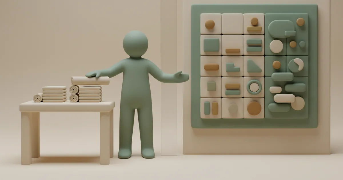 Clay figure organizing documents on one side while a separate task board remains distinct on the other