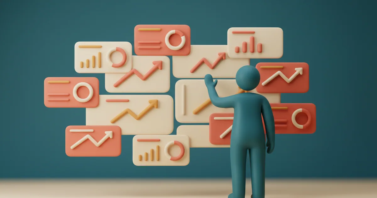 Clay-rendered figure studying a wall of connected metric cards with rising trend lines