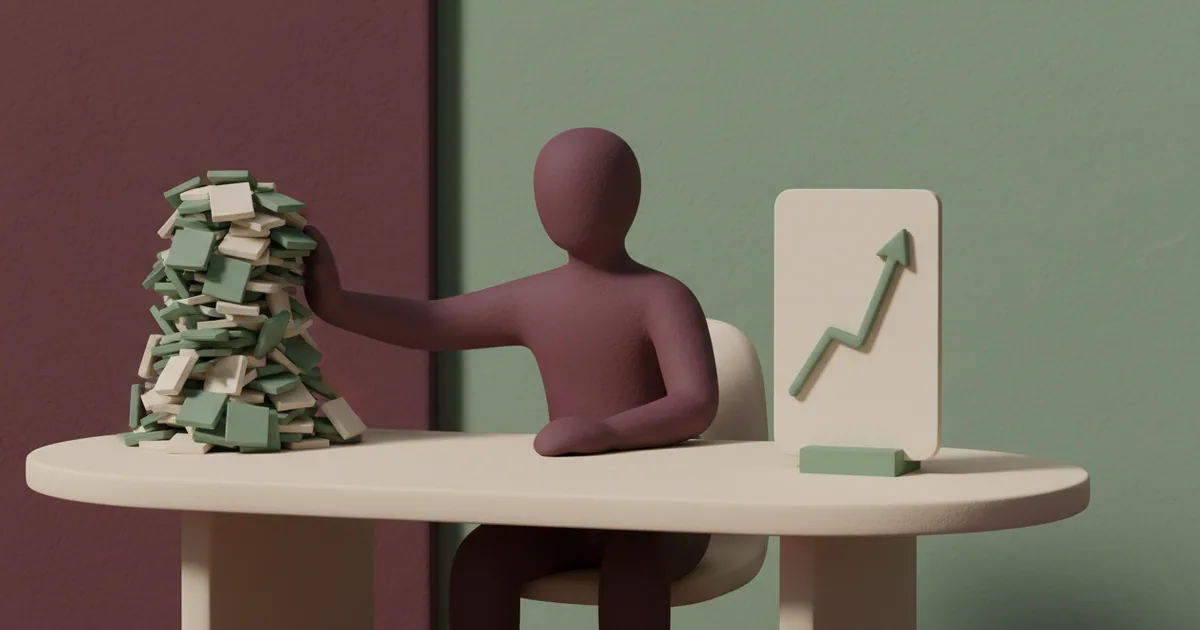 Clay figure at a desk pushing aside a tall stack of feature cards while focusing on a single glowing outcome chart