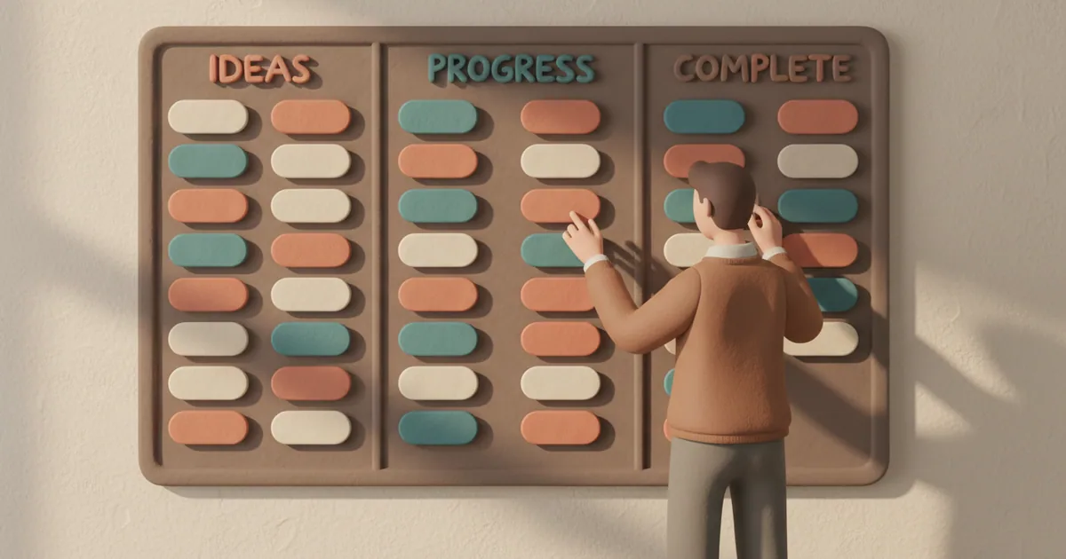 Clay-rendered product manager organizing colorful feedback cards on a wall-mounted board