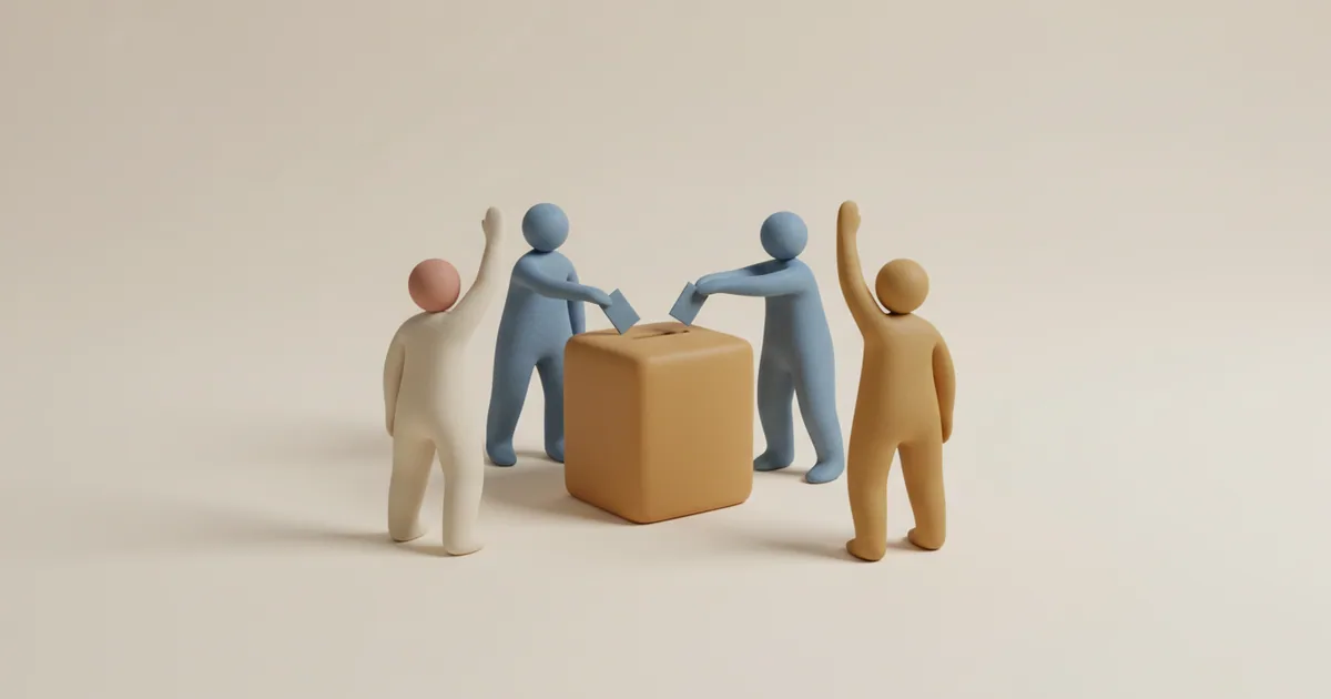 Clay-rendered customers dropping idea cards into a collection box while others vote with raised hands