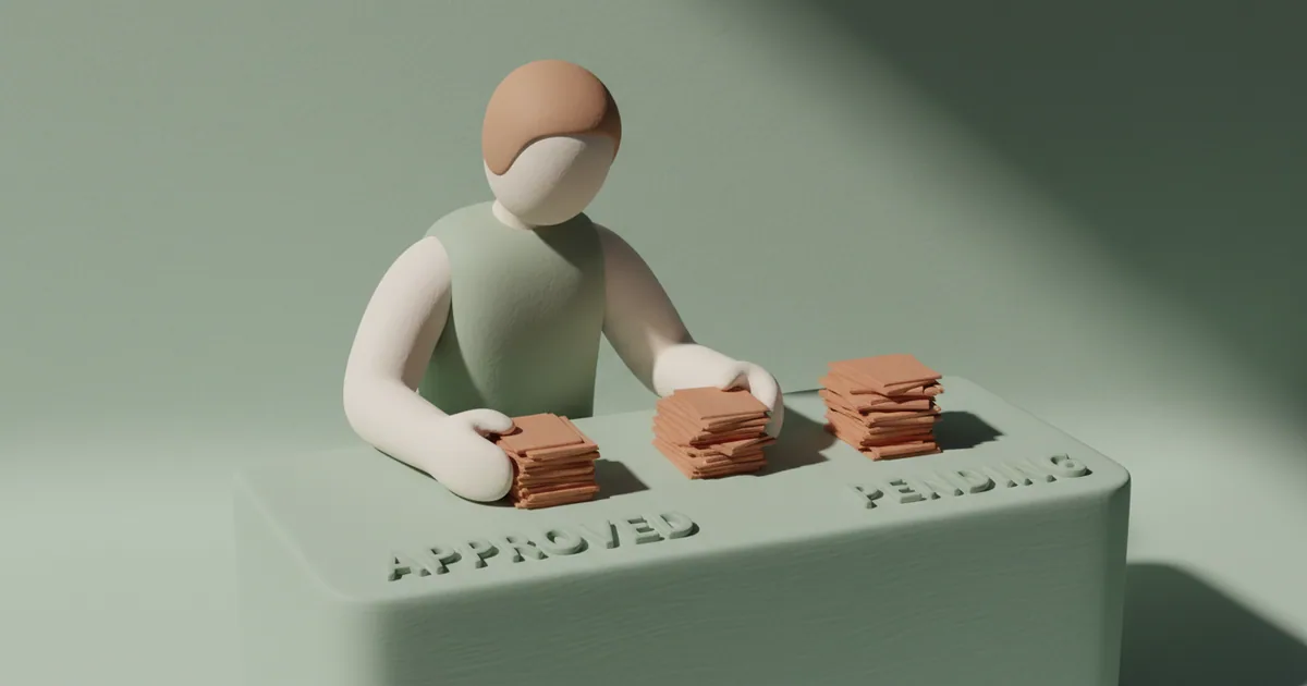 Clay-rendered team member reviewing and sorting feedback submissions at a minimal desk