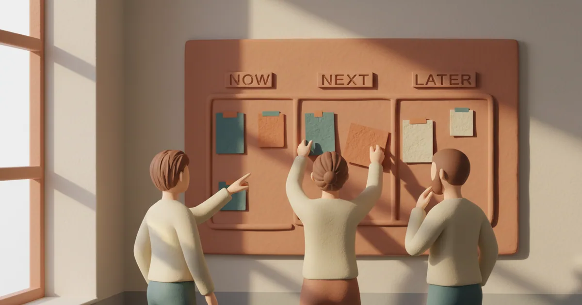 Clay-rendered product team gathered around a flexible roadmap board with movable horizon sections