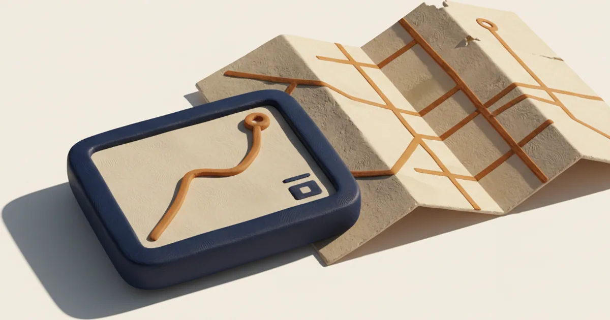 Clay GPS device recalculating a winding route compared to a rigid folded paper map