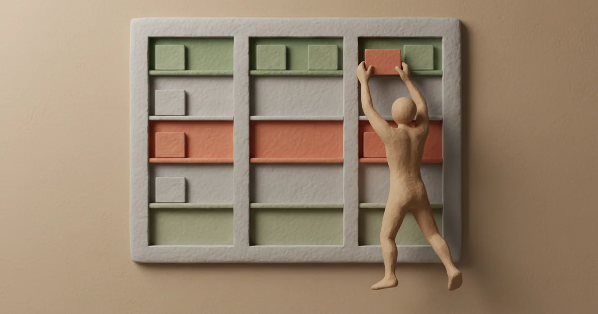 Clay figure updating a roadmap board by moving cards between time horizon columns