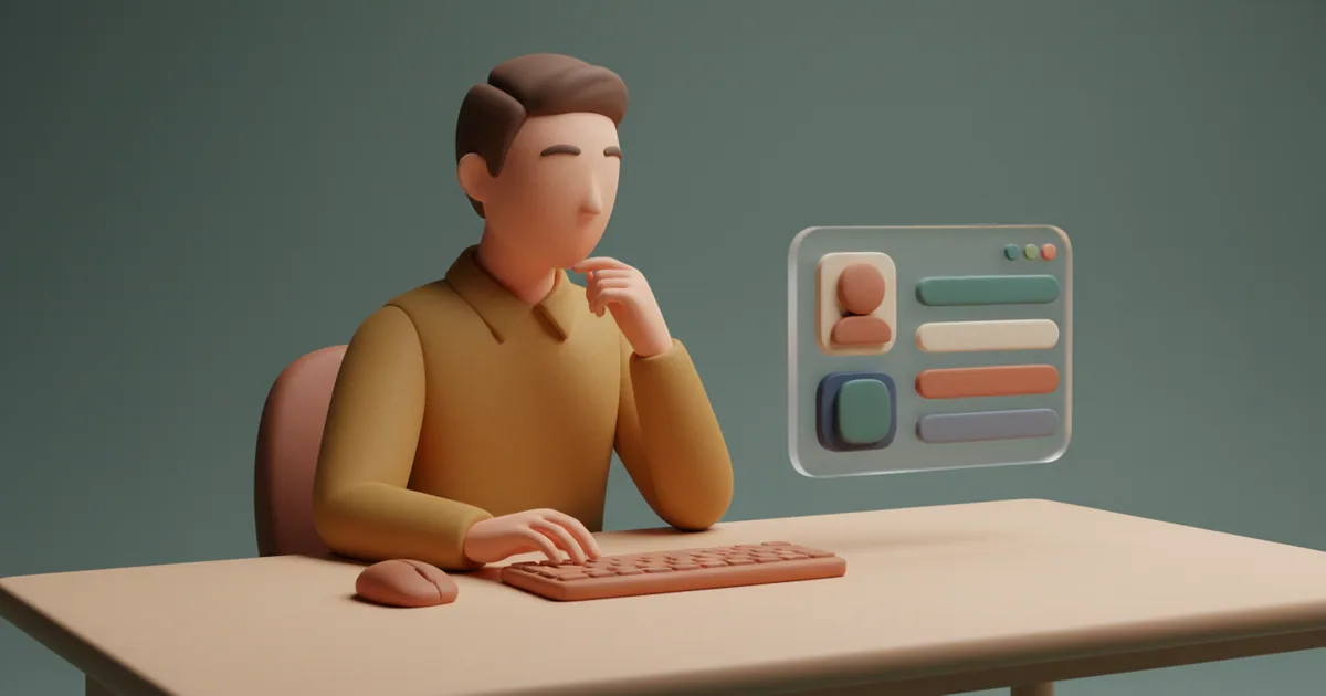 Clay-rendered software engineer at minimal desk with streamlined interface floating nearby