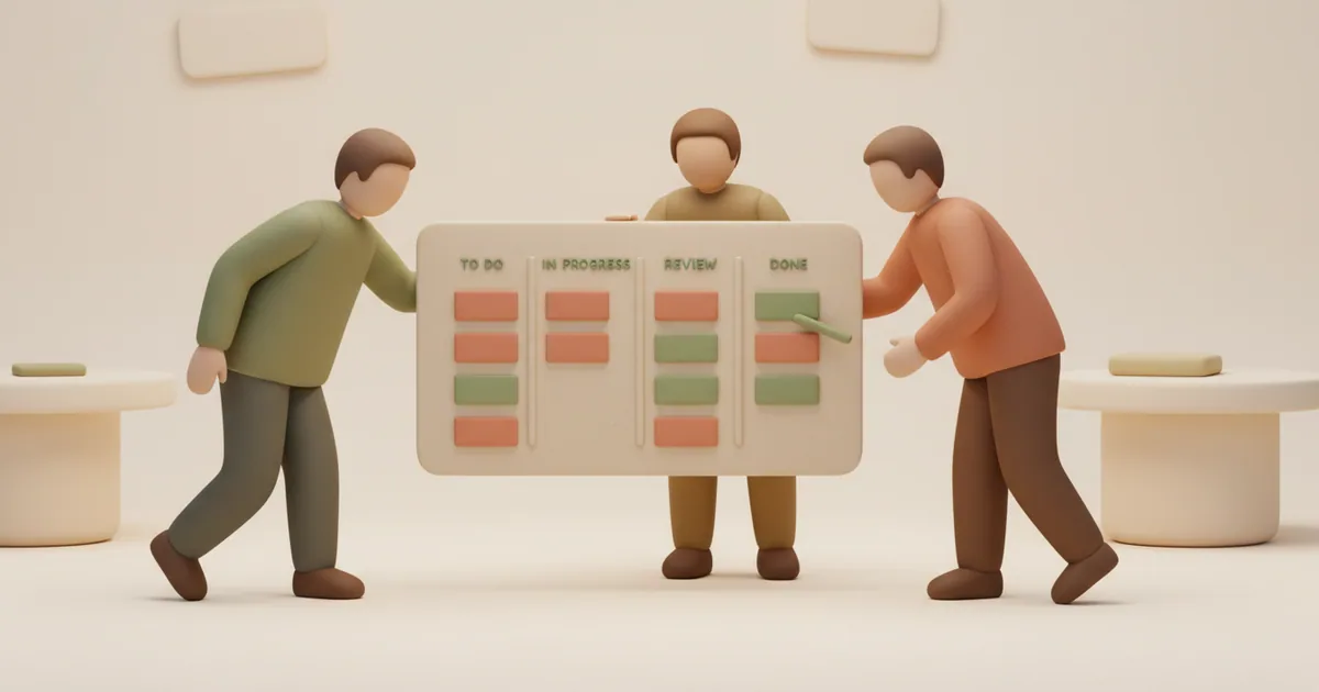 Clay-rendered team of three engineers collaborating around a simple kanban board