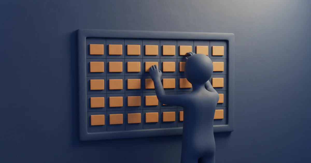 Clay-rendered figure organizing project cards on a wall-mounted planning board