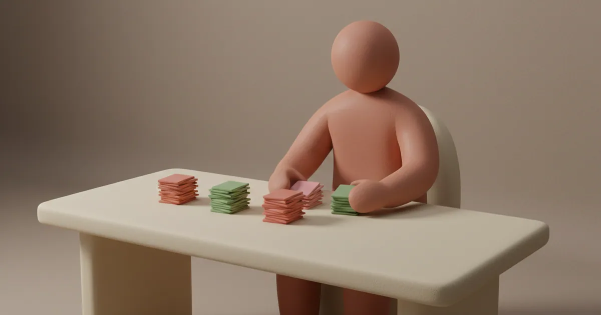 Clay-rendered figure organizing colorful feedback cards into neat stacks on a warm-toned desk