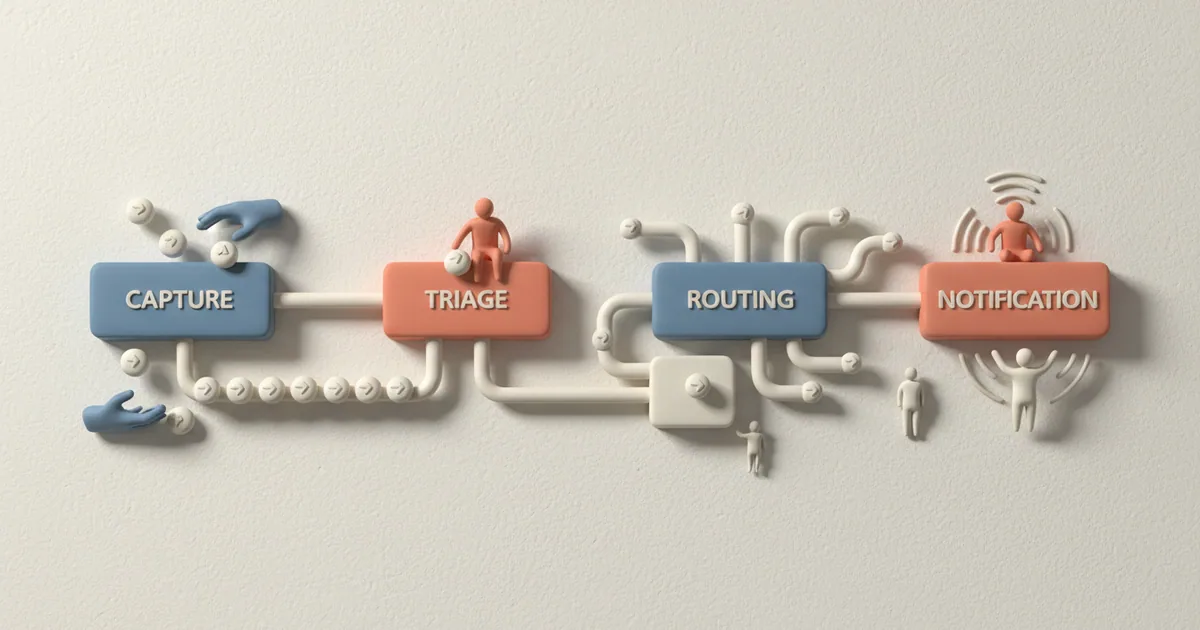 Clay-rendered diagram showing feedback flowing through four connected layers from capture to notification