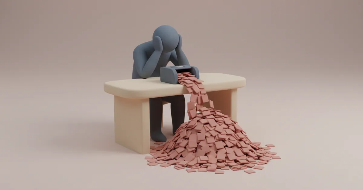 Clay-rendered figure overwhelmed by an overflowing inbox of unread feedback items
