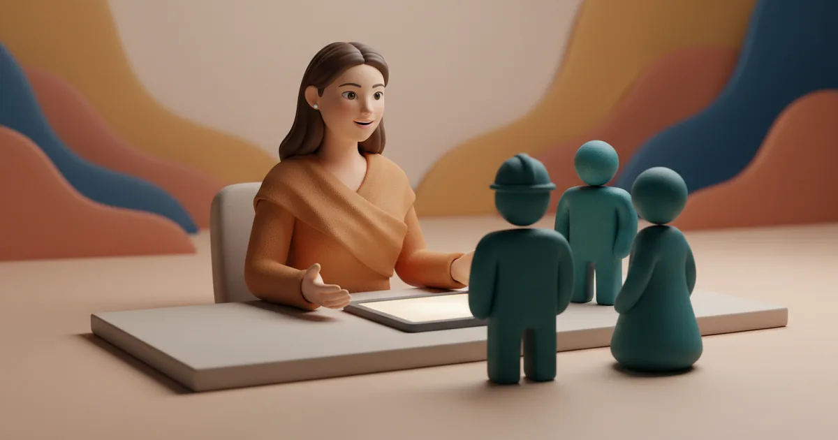 Clay-rendered support specialist at desk helping multiple business stakeholders through a portal interface