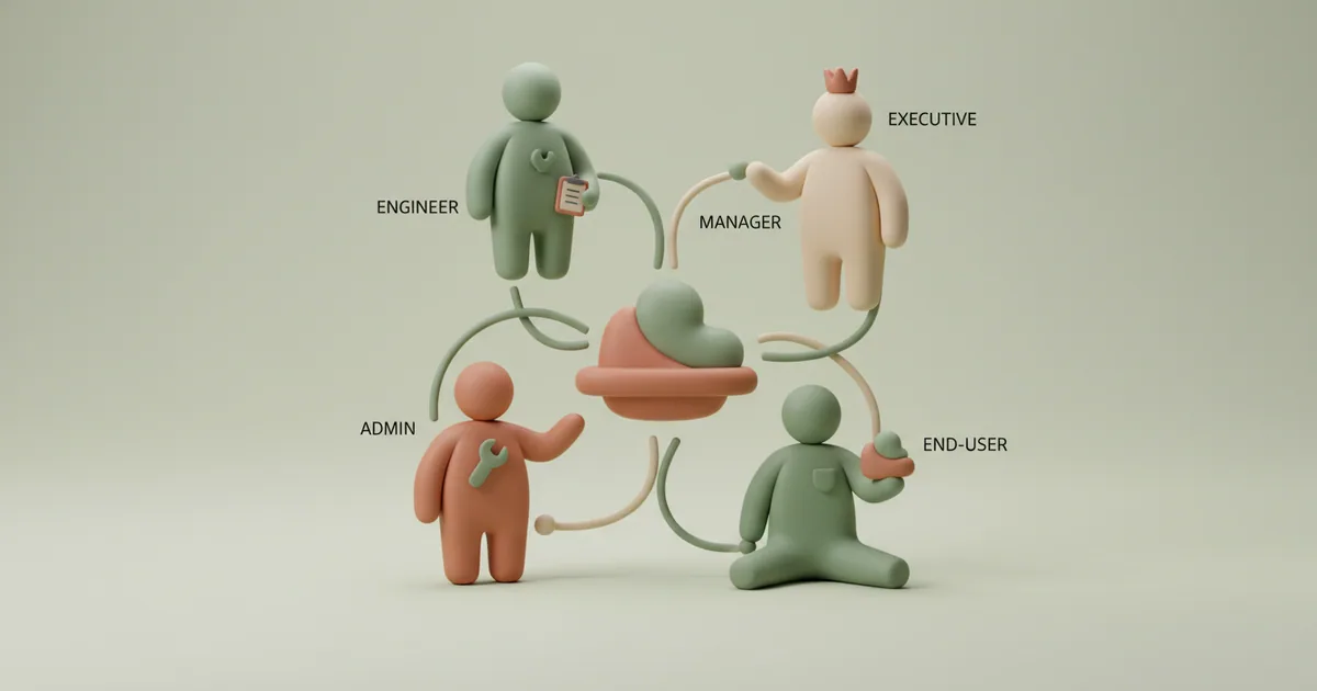 Clay figures showing interconnected web of business users, admins, and executives around a central product