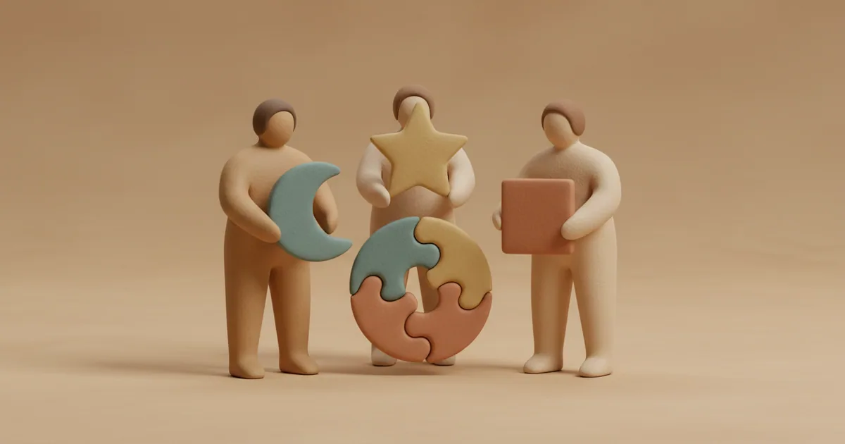 Clay figures from support, sales, and product teams each holding puzzle pieces that connect in the center