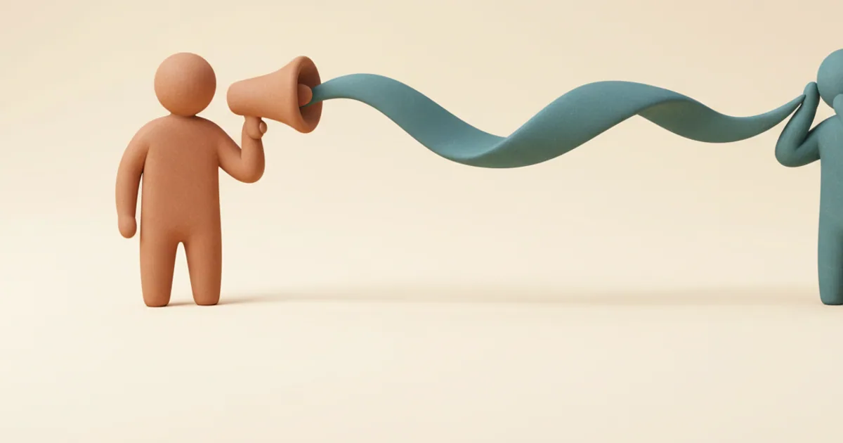 Clay-rendered figure speaking into a megaphone with message flowing toward a listening figure