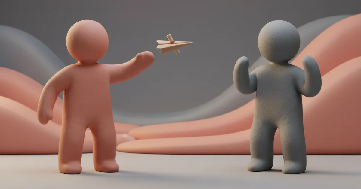 Clay figure broadcasting a message while another figure looks confused with the message missing them