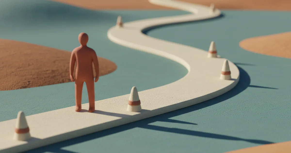 Clay-rendered founder figure studying a winding path through stylized terrain with milestone markers
