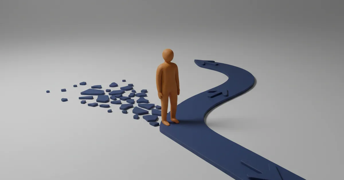 Clay figure at a crossroads choosing between a clear marked path and a chaotic scattered direction