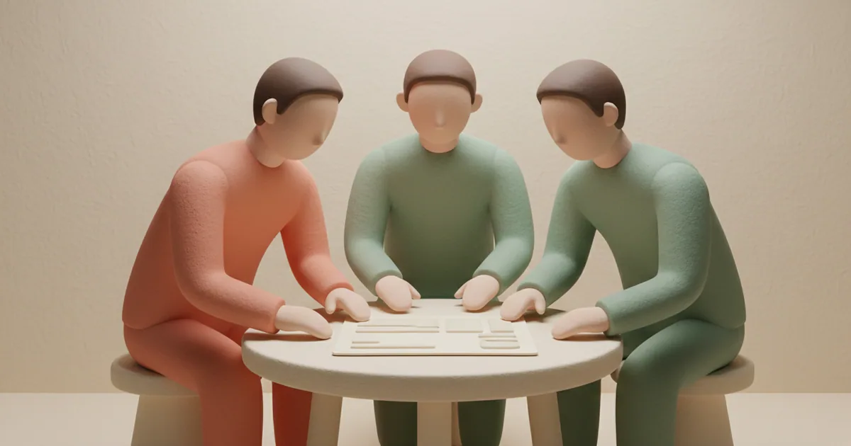 Small startup team gathered around a simple table reviewing a shared document together