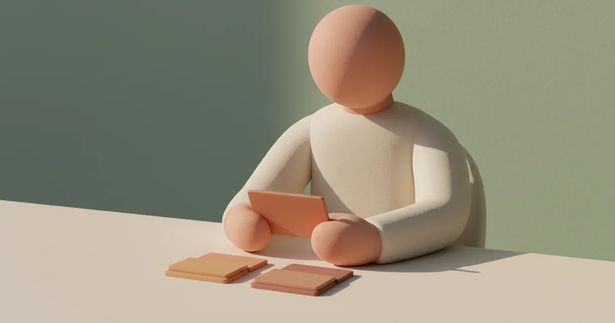 Clay-rendered person reviewing customer feedback cards at a minimal desk with soft natural lighting