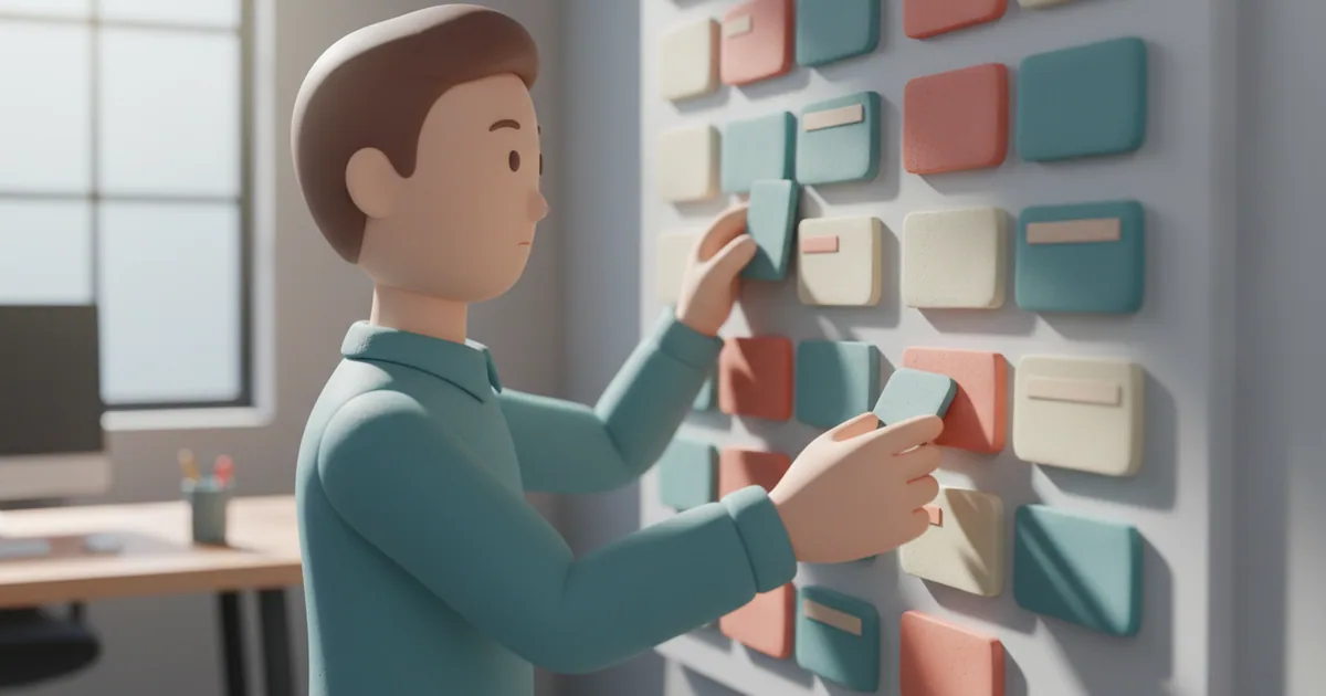 Product manager arranging clay feature cards on a wall-mounted roadmap board