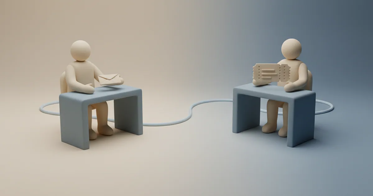 Clay figure of support rep and product manager with a request flowing automatically between them
