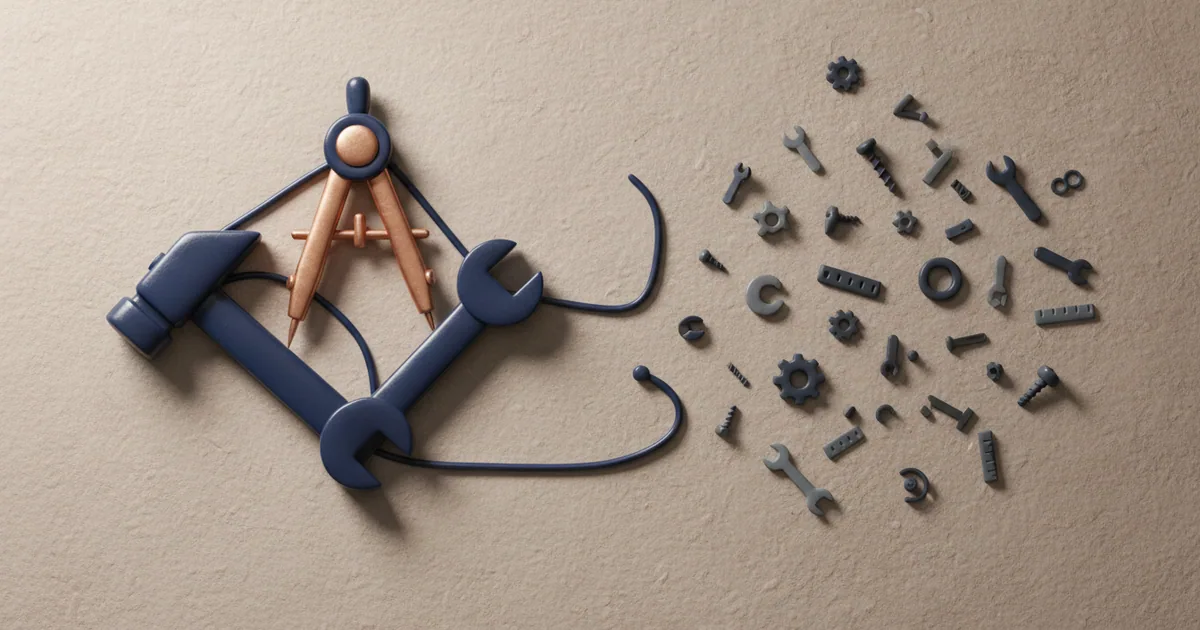 Three carefully chosen clay tools connected in a tight triangle versus scattered disconnected tools
